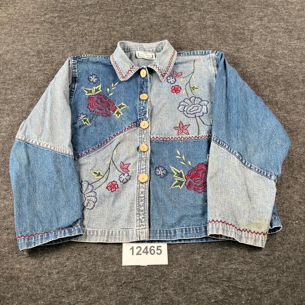Vintage Sara Studio Trucker Jacket Womens XL Blue Gray Denim Embroidered Floral